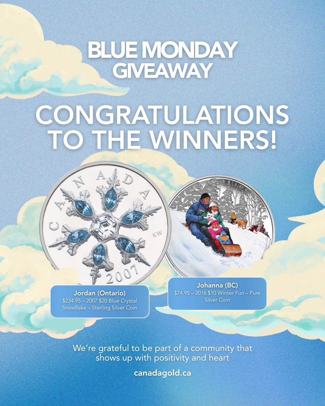 Canada Gold Blue Monday Giveaway Winners
